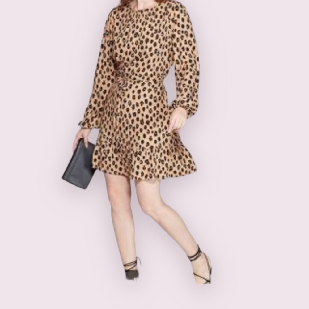 a New Day Womens Rayon Leopard Print Long Sleeve Black Tan Crepe Dress Size L